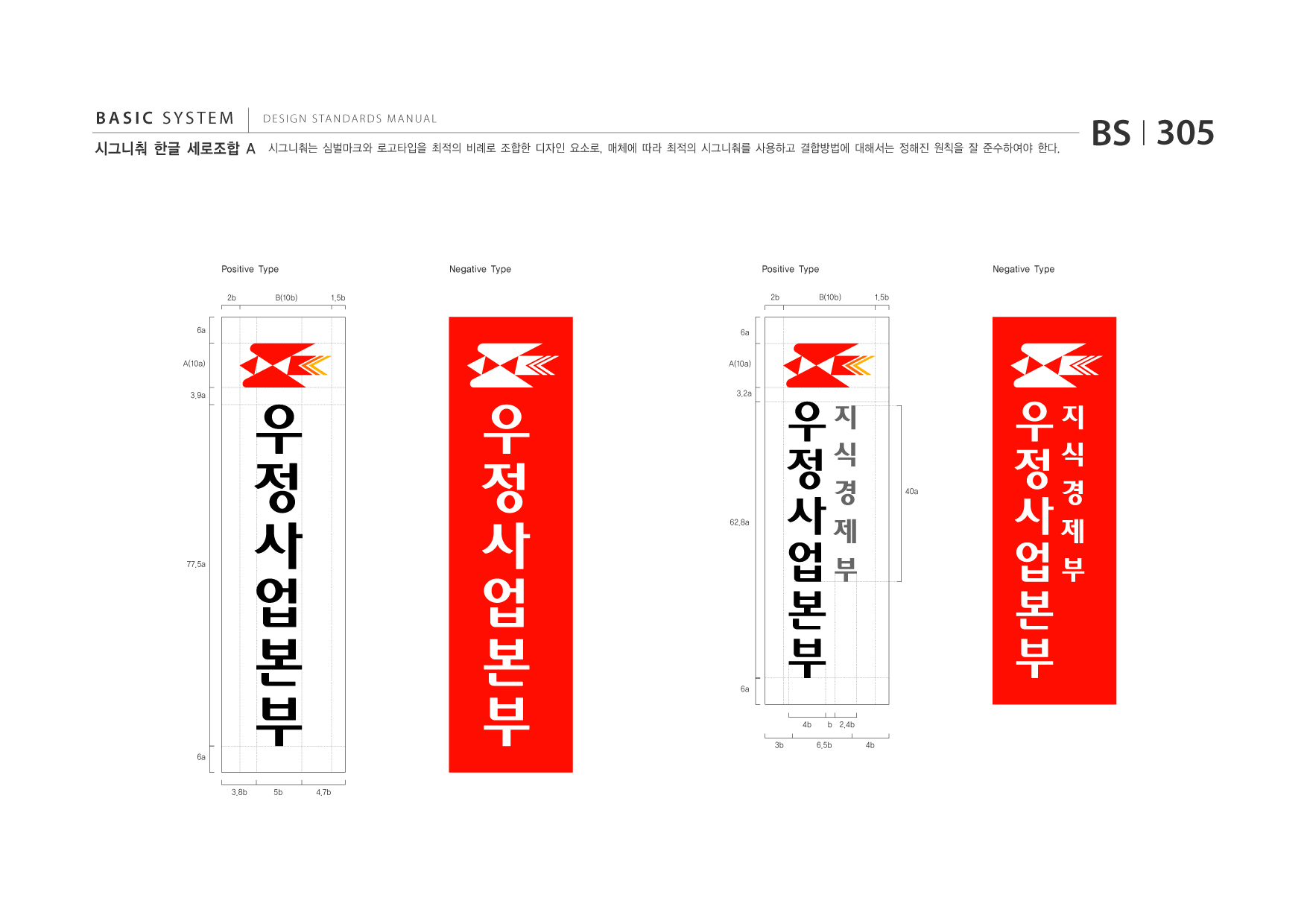 BASIC SYSTEM 시그니춰 한글 세로조합 A  DESIGN STANDARDS MANUAL  시그니춰는 심벌마크와 로고타입을 최적의 비례로 조합한 디자인 요소로, 매체에 따라 최적의 시그니춰를 사용하고 결합방법에 대해서는 정해진 원칙을 잘 준수하여야 한다.  BS I 305  Positive Type 2b B(10b) 1.5b  Negative Type  Positive Type 2b B(10b) 1.5b  Negative Type  6a  6a  A(10a)  A(10a) 3.2a  3.9a  40a  62.8a  77.5a  6a  4b 3b 6a  b 2.4b 6.5b 4b  3.8b  5b  4.7b